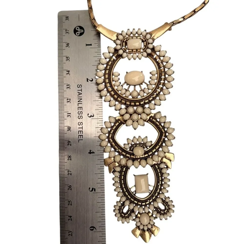Stella & Dot Havana Boho Pendant Statement Necklace Gold Tone Cream Resin - Picture 3 of 10